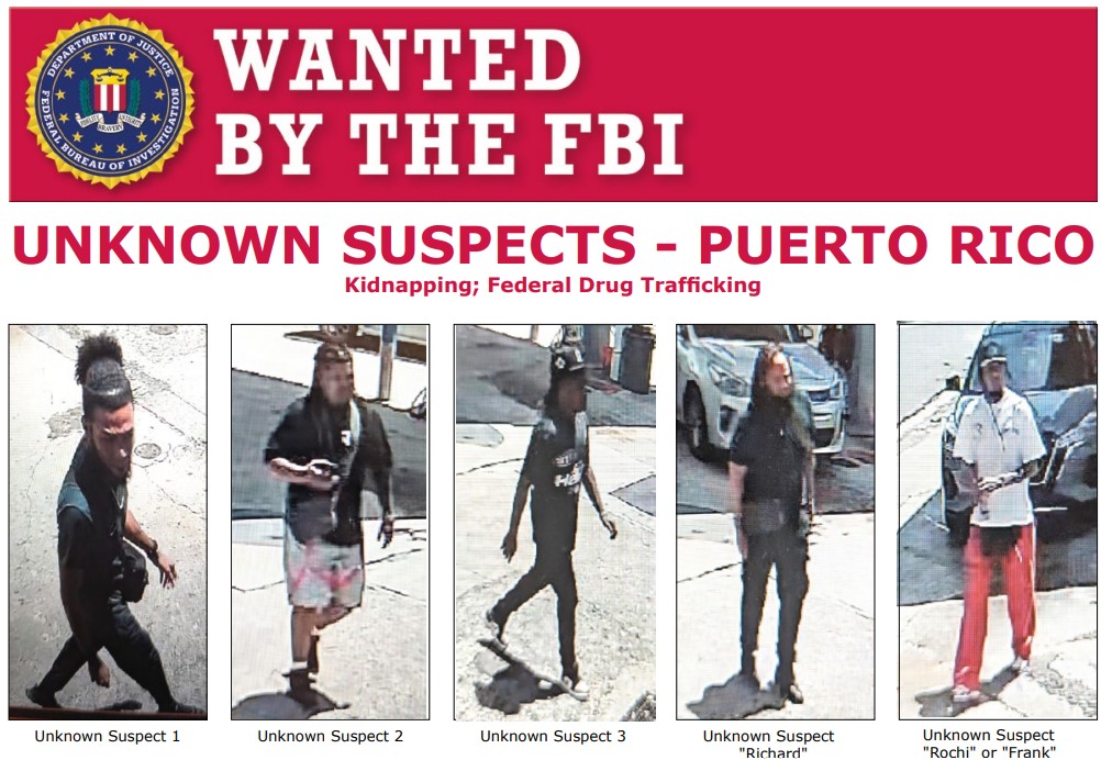 FBIMostWanted's tweet image. The FBI seeks the public's assistance with information on 5 unknown individuals related to the kidnapping and torture of two victims on May 21, 2025, in the Barrio Obrero section of San Juan, Puerto Rico: fbi.gov/wanted/additio…