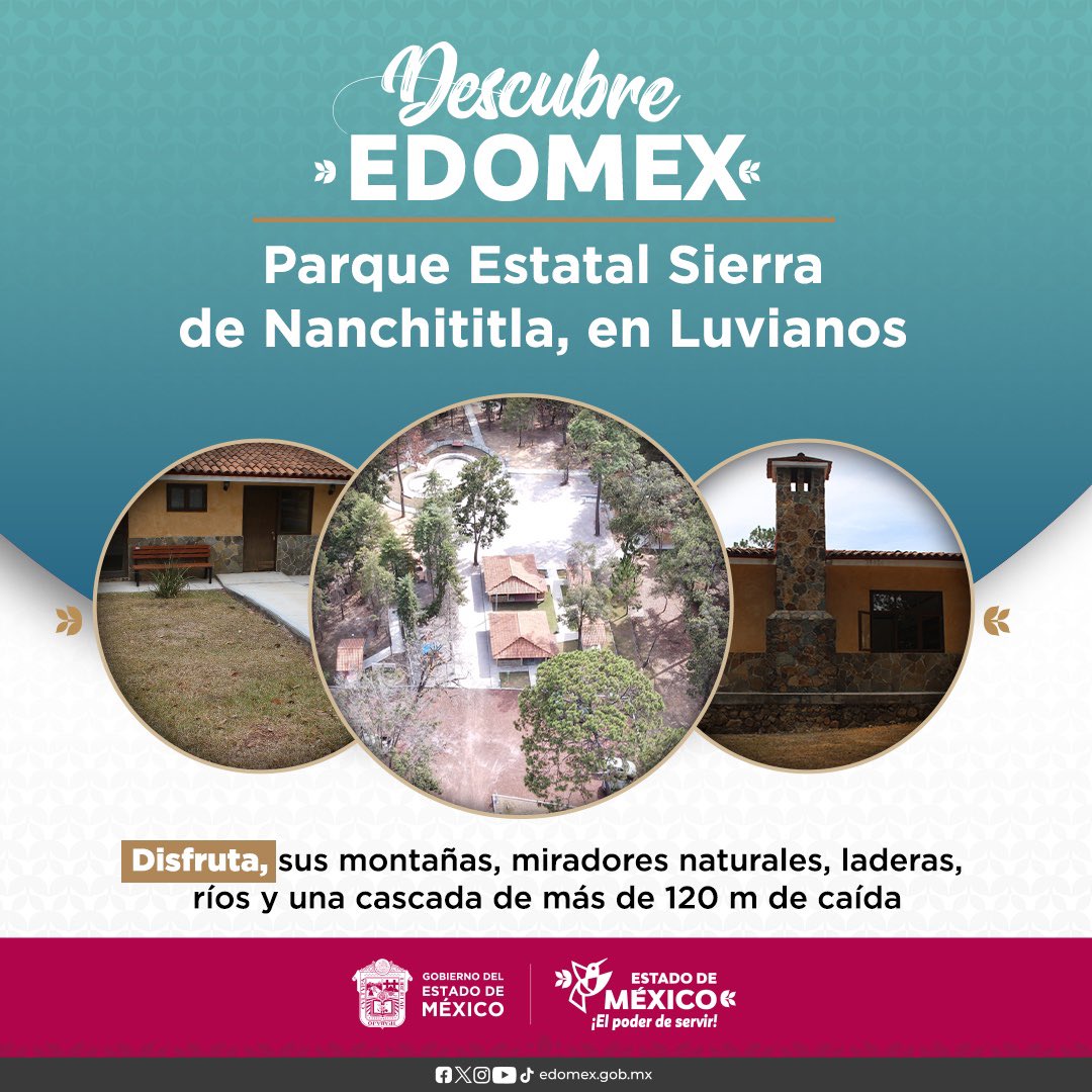 En este inicio de vacaciones #DescubreEdoMex y visita el Parque Estatal Sierra de
Nanchititla, ubicado en Luvianos, un lugar en el que podrás disfrutar de montañas,
miradores naturales, laderas, ríos y una hermosa cascada de más de 120 m de caída.
#ElPoderDeServir
