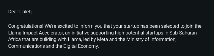 Caleb Jephunneh (@code4jeph) on Twitter photo Excited to announce!!!
Therabot is one of the 10 startups in Kenya that was selected to join Llama Accelerator.
Congratulations <a href="/Bricklabs_Ai/">TherabotAI</a> team 🎉
Thank you <a href="/MoICTKenya/">Ministry of Info, Comms & The Digital Economy KE</a> Excited to announce!!!
Therabot is one of the 10 startups in Kenya that was selected to join Llama Accelerator.
Congratulations <a href="/Bricklabs_Ai/">TherabotAI</a> team 🎉
Thank you <a href="/MoICTKenya/">Ministry of Info, Comms & The Digital Economy KE</a>