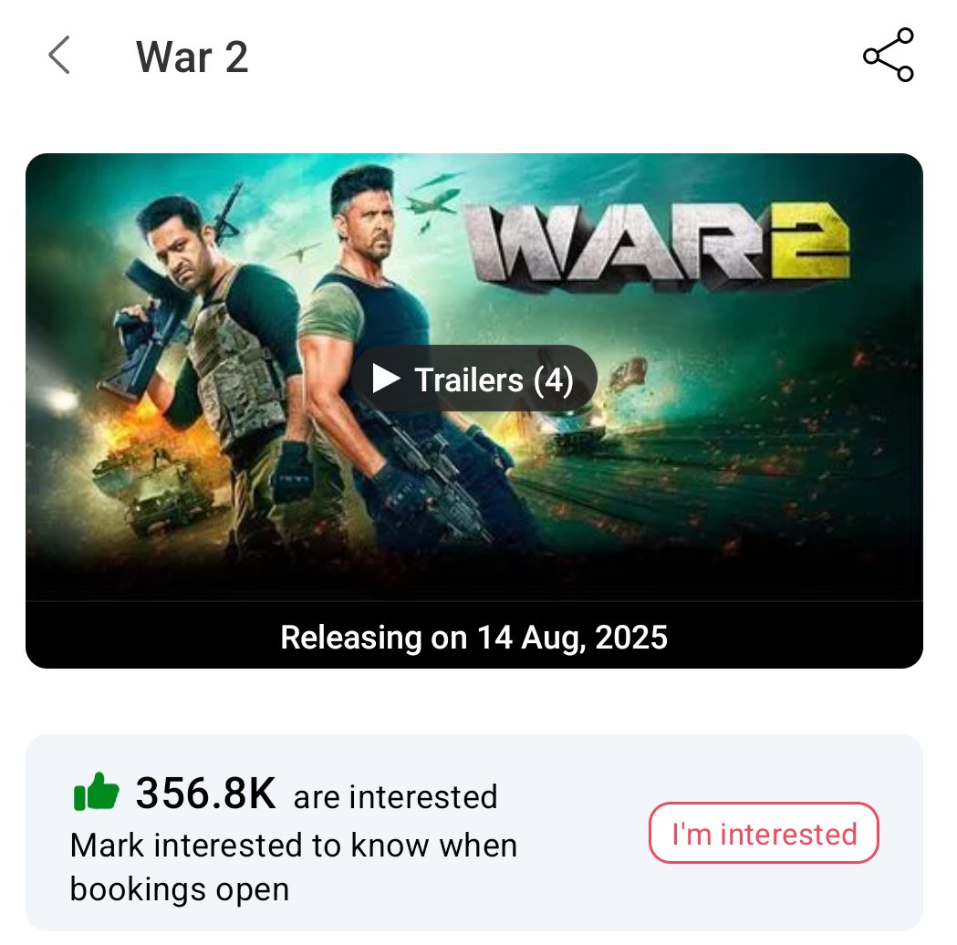 BFilmyOfficiaI's tweet image. 6K+ BookMyShow Interests in last 16 hours 💥
Hype is real #War2