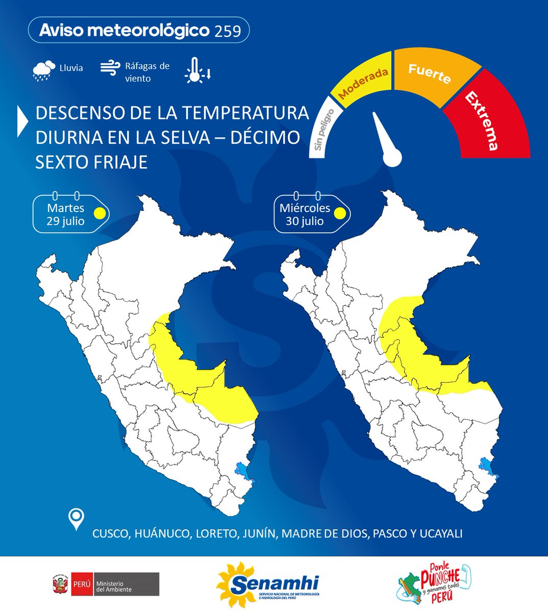 #Aviso #SENAMHI #MINAM Del 29 al 30 de julio, se prevé el descenso de temperatura diurna en la #selva. senamhi.gob.pe/?p=aviso-meteo…