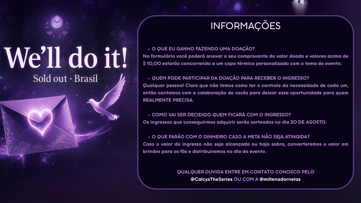CalcysTheSeries's tweet photo. ENTRE NOS LINKS ABAIXO CASO VOCÊ QUEIRA:

📌 colaborar com a vaquinha: https://t.co/QdzsrvRWVj

📌 participar do sorteio dos ingressos: https://t.co/eMNFllhhKR

CONTAMOS COM A COLABORAÇÃO DE TODAS VOCÊS! 💜 https://t.co/0WcKZRO5TB