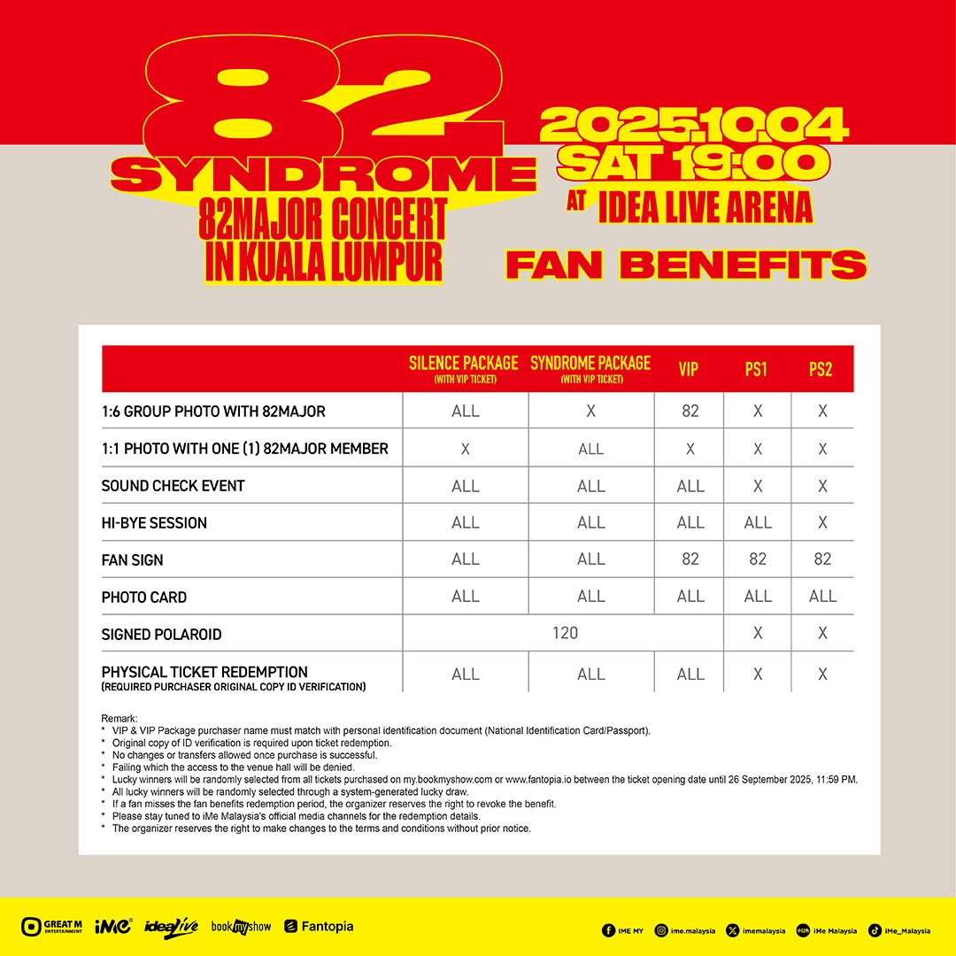 82MAJOR CONCERT &lt;82 SYNDROME&gt; IN KUALA LUMPUR

📅 Date: 04th October 2025 (Saturday)
⏰ Time: 7PM
📍Venue: IDEA LIVE ARENA

General Sale: 01.08.2025 (FRI) 12:00 (MYT)
🎫 Ticketing Website:
🔗ime.bigtix.io
🔗Fantopia.io

#82MAJOR #82메이저 #에이티투메이저