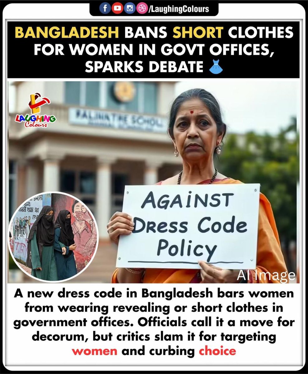 LaughingColours's tweet photo. Dress Code Controversy 👗
#BangladeshNews #DressCodeDebate #WomenRights #FreedomOfChoice #GovtPolicy #EqualityForAll https://t.co/8udE3HCxre