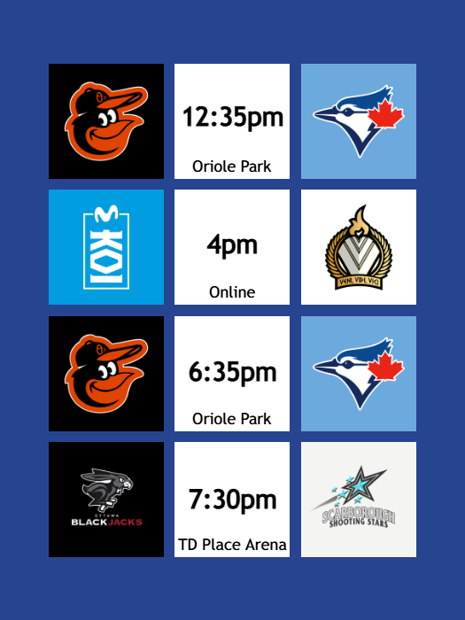SportingTDot's tweet photo. 📅GAMEDAY📅

🎾 @beccamarino90 at 11am
⚾️ @BlueJays at 12:35pm and 6:35pm
🎾 @Bandreescu_ not before 1:40pm
🖥️ @MovistarKOILoL at 4pm
🎾 @denis_shapo at 7pm
🏀 @sss_cebl at 7:30pm

#TorontoSports #OBN25 #LightsUpLetsGo #goMKOI #NBO25 #SSS4 https://t.co/UoR1Byzn2x