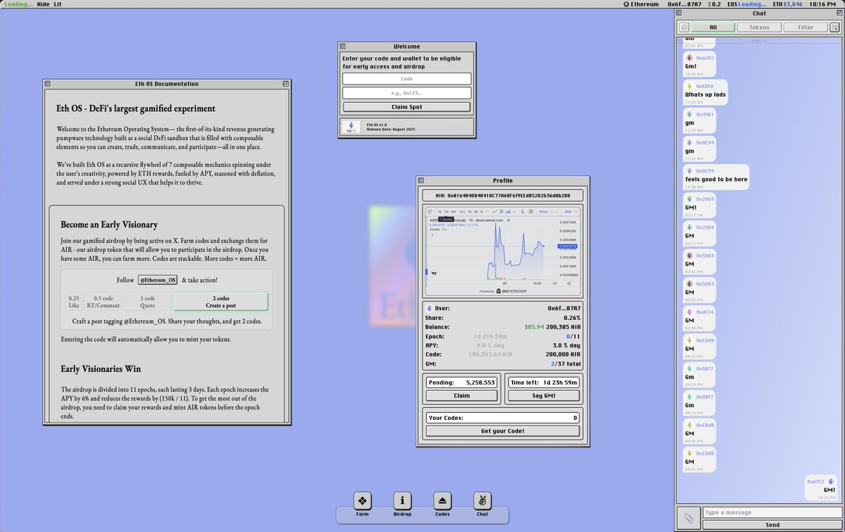 The #AIR airdrop mechanism from <a href="/Ethereum_OS/">Eth OS</a> feels like a fresh breeze in DeFi engagement farming. I like how it gamifies the process with codes earned through simple engagement. 

Overall I think it’s a fresh, interactive approach, especially for a terminal-like UI/UX that suits