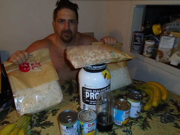 Getting nutrition right, after possible intermittent feast and fast until noon hour, a summer treat if you like protein plus pina colada whey yoghourt smoothie mixed in a blender with ice hits the spot even when getting caught in the rain! Frozen yet creamy pineapple chunks and