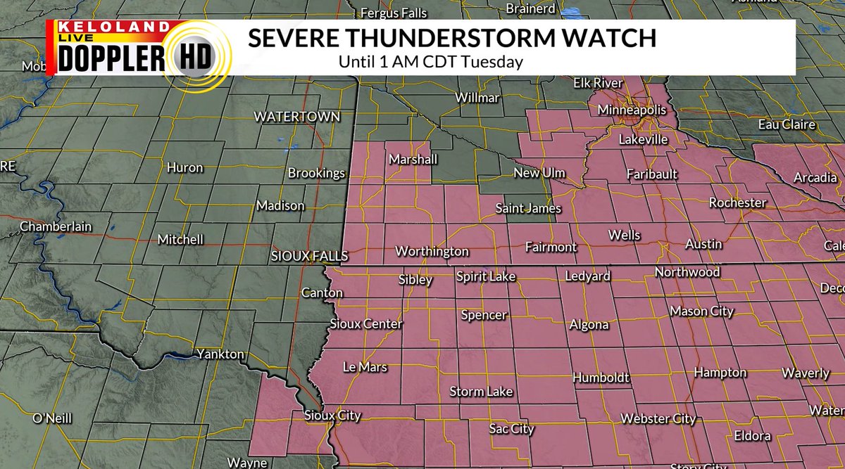 South Dakota is now clear from the Severe Thunderstorm Watch. Northwest IA and southwest MN will remain in the watch until 1 AM CDT Tuesday.
