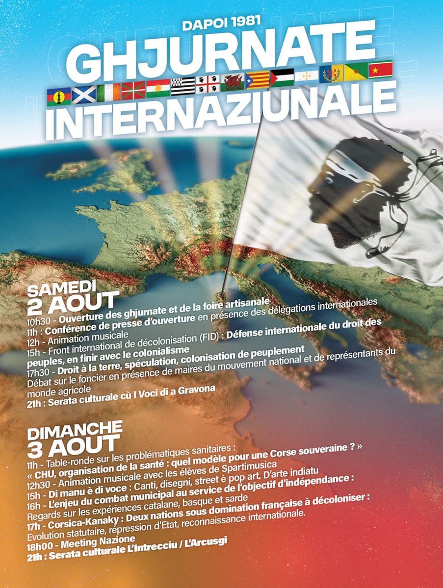 Douar ha Frankiz a vo e Corti evit an devezhioù etrevroadel 2-3 /08/2025.
Pediñ a reomp an dud dedennet gant ar stourm politikel evit dieubiñ Breizh,
 Korsika, hag ar broioù hep stad all da zont niverus da devezhioù etrevroadel Corti ha dont e darempred ganeomp er memes tro.