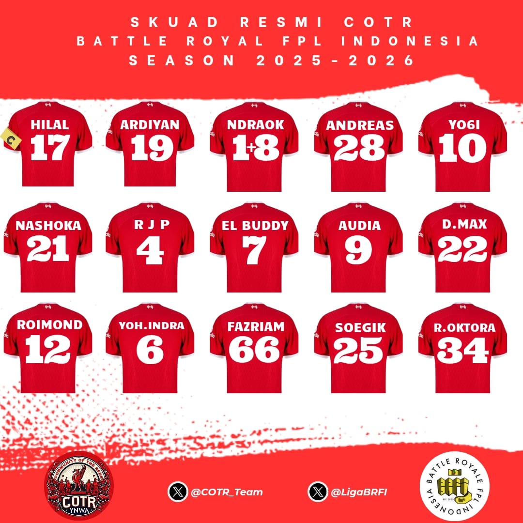 Skuad resmi COTR TEAM untuk Liga 4 BRFI 25/26 <a href="/LigaBRFI/">Battle Royale FPL Indonesia</a> 
<a href="/_bcdefg__jk_mn/">Mencari</a> (C)
<a href="/ardiyan19_/">Ardyant Stewart Downing</a> 
<a href="/ndraokRendra/">Rendra Rianto</a>
<a href="/DrePrasetyo/">Andreas Prasetyo™</a> 
<a href="/yogigurimphal/">Y061</a> 
<a href="/nashokhaac16723/">Nashokhaach19</a> 
<a href="/riyad_jp/">riyad jasa putra</a> 
<a href="/el_buddy07/">Budiman</a> 
<a href="/AudiaMaulana/">AudiaMaulana</a> 
<a href="/DeniPrayog11448/">Deni Prayogi</a> 
<a href="/roimond_/">roimond</a> 
<a href="/yohanindra_/">Myst Destiano</a> 
<a href="/fazri_syah/">fazriam</a> 
<a href="/iansugiharto/">Ian Sugiharto</a> 
<a href="/ArsenalGon93949/">Reza oktora</a>