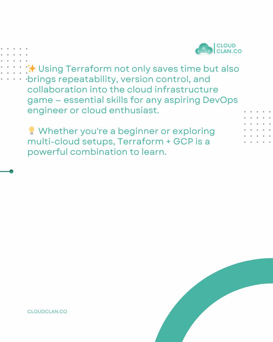 cloudclan_co's tweet photo. 🚀 Terraform with GCP – Simplifying Cloud Infrastructure 

#DevOps #CloudClan #Terraform #GCP #InfrastructureAsCode #GoogleCloud #IaC #CloudComputing #CloudCommunity #TerraformOnGCP https://t.co/px1TjXkw0U