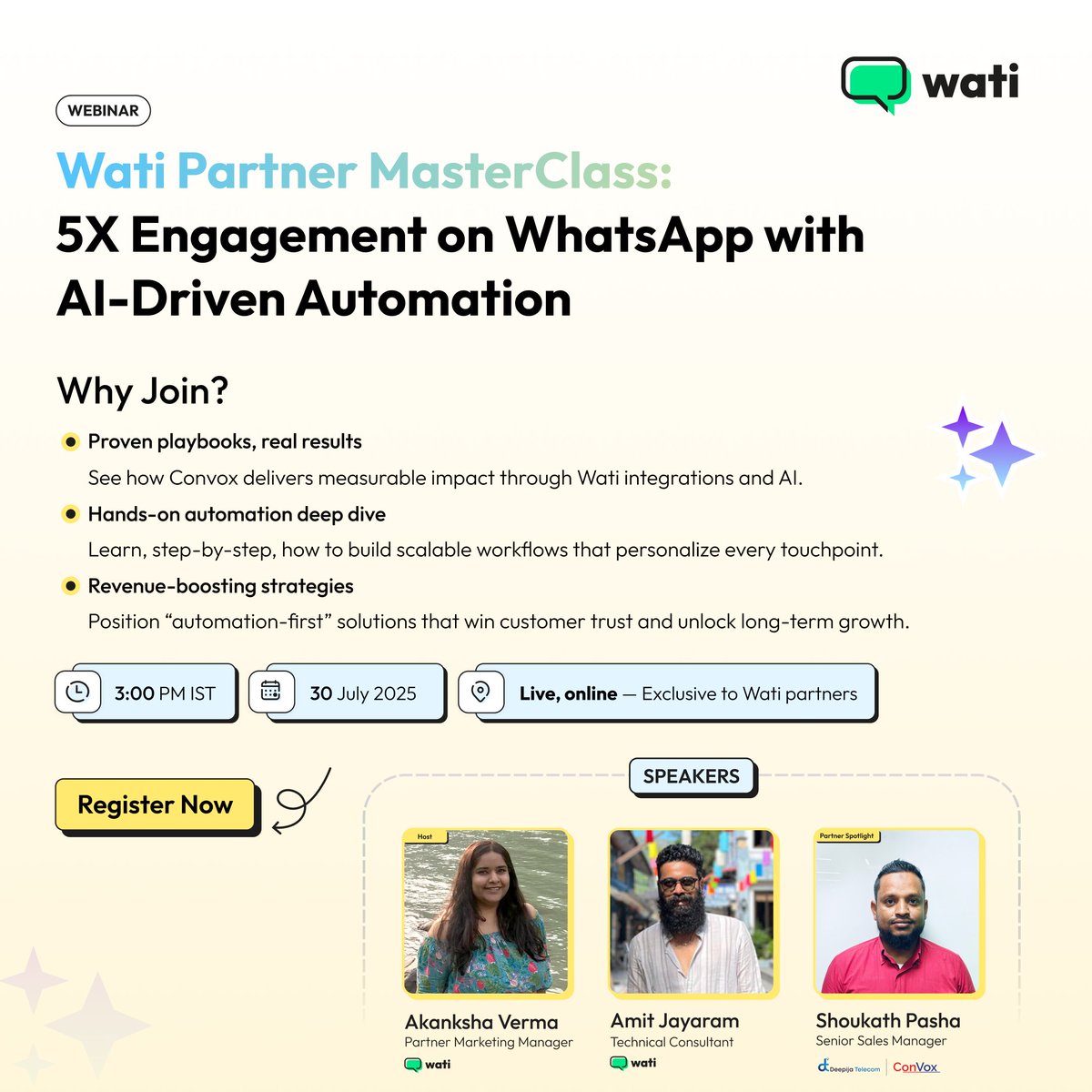 🚀𝗪𝗵𝗮𝘁’𝘀 𝗨𝗽 𝘄𝗶𝘁𝗵 𝗪𝗮𝘁𝗶 – 𝗣𝗮𝗿𝘁𝗻𝗲𝗿 𝗠𝗮𝘀𝘁𝗲𝗿 𝗖𝗹𝗮𝘀𝘀
 𝗢𝗻𝗹𝘆 𝟭 𝗱𝗮𝘆 𝘁𝗼 𝗴𝗼!

📌 Don’t miss your chance to learn how partners like 𝗖𝗼𝗻𝘃𝗼𝘅 are transforming customer support and engagement using chatbot workflow automation + third-party