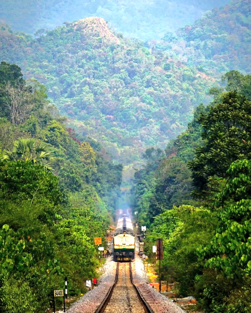The beautiful capture of a train chugging through the dense green cover near Subrahmanya Road station with the lovely Western Ghats in the background - in the jurisdiction of <a href="/DrmMys/">DRM Mysuru</a> in <a href="/SWRRLY/">South Western Railway</a>! Pic courtesy, Protkarsh! #IndianRailways #photography <a href="/ArunKrishnan_/">Arun Krishnan 🇮🇳</a> <a href="/nistula/">Nistula Hebbar</a>