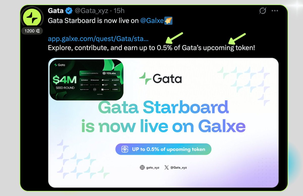 🔥BREAKING: <a href="/Gata_xyz/">Gata</a>  Starboard is LIVE on <a href="/Galxe/">Galxe</a>

✅Join the revolution—earn up to 0.5% of our upcoming token !

🔗 Gata x Galxe Starboard: app.galxe.com/quest/Gata/sta…

Will YOU be part of the next big thing in Web3 AI? Drop a 🔥 below &amp; RT for a chance to win bonus rewards!

#Gata