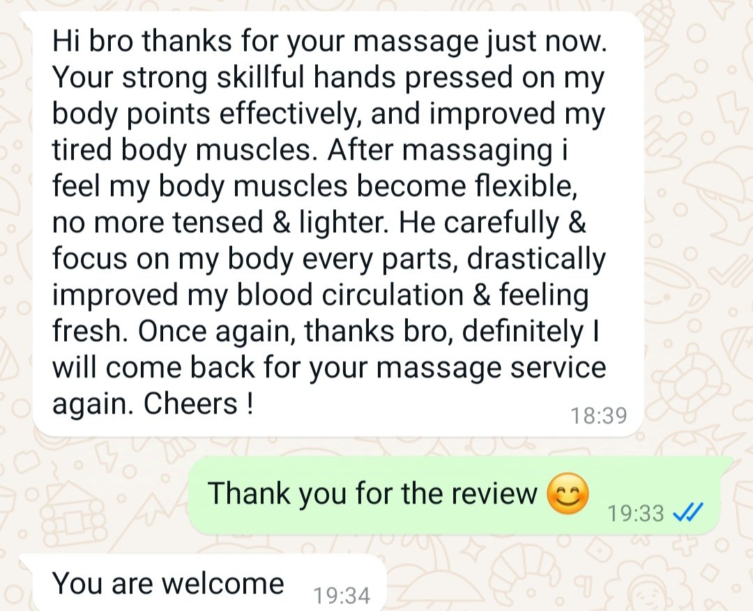 -GeeBear Traditional Massage-
Outcall only (KL area or within 30 minutes travel)
_______________
Package:
Fullbody - RM60/1 hour
Halfbody - RM40/30 minutes
******************
Side:
Manhood/Batin - RM20/15 minutes 
_______________
dm for booking
Telegram: @JeebyGB13