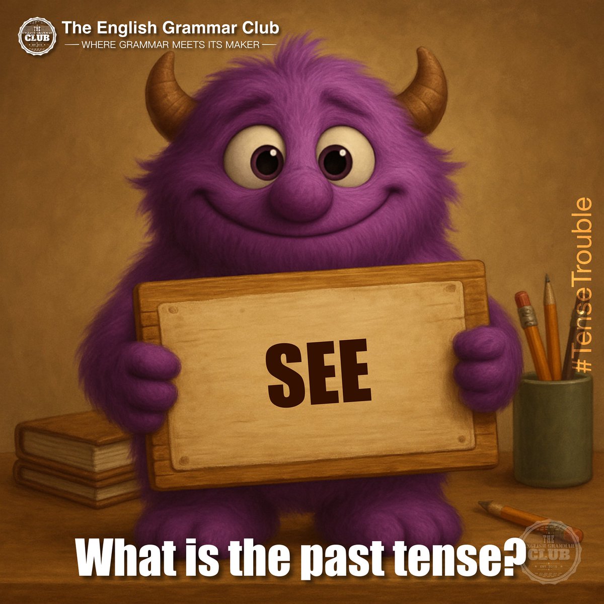 grammar_club's tweet image. Our purple pal challenges you! What’s the past tense of ‘see’? Test your grammar skills! 📚😄 Share your answer below! #TenseTrouble #TheEnglishGrammarClub #LanguageFun