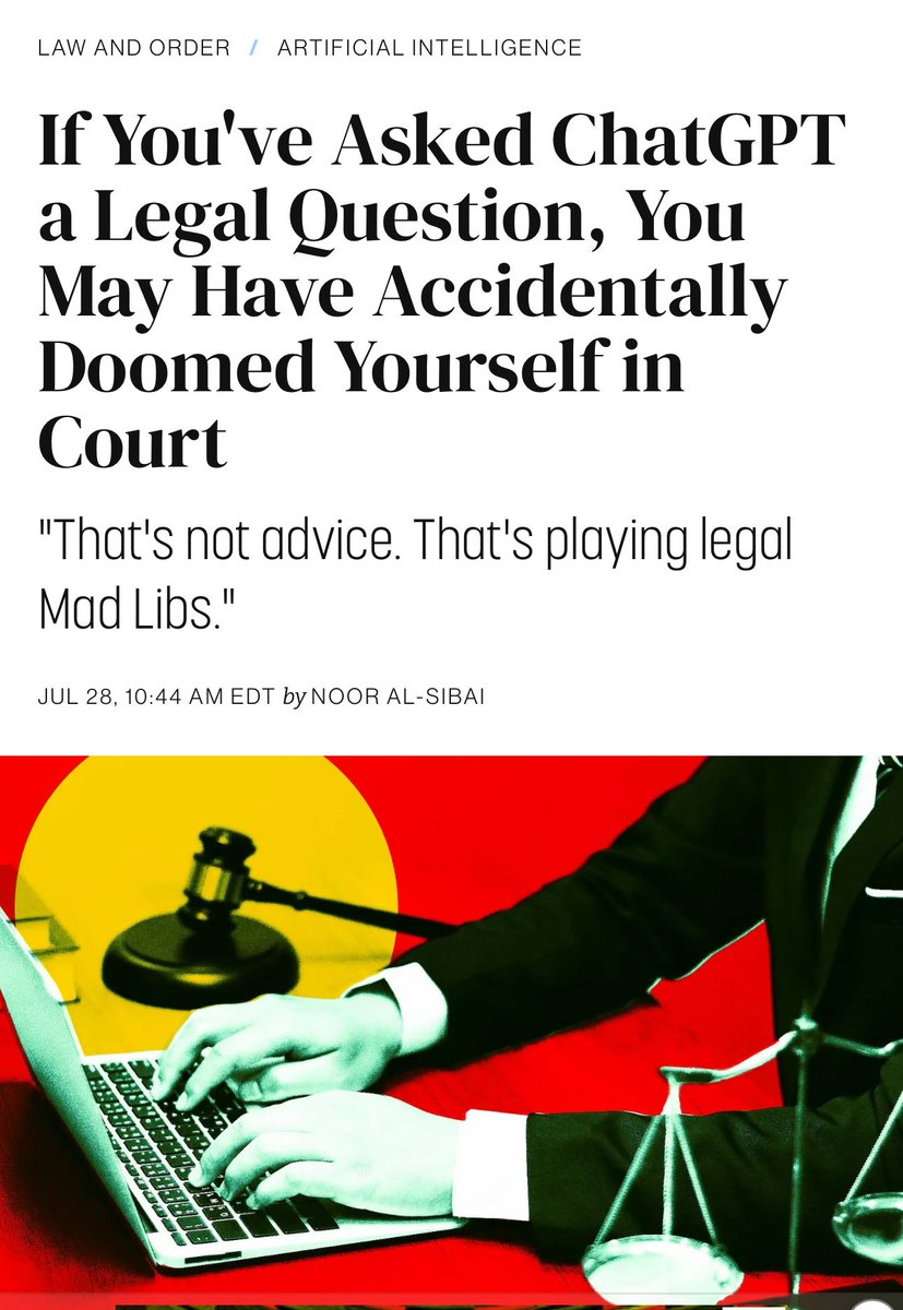 Over reliance on AI for legal advice already risking problems? Particularly for criminal matters, but relevant for civil matters too. If a suspect / litigant has asked Ai for advice related to the suspected crime, that information is fully discoverable in court. Just something