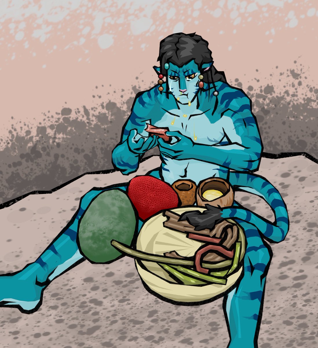 Alright, everyone, point and laugh at me. #Avatar2009 #jakesully
I got most of the way through this before realizing the fic I drew this for... was from a dream, and I never wrote it. I am a dumb ass.

Have an Avatar Jake crying alone on a rock and eating his feelings.