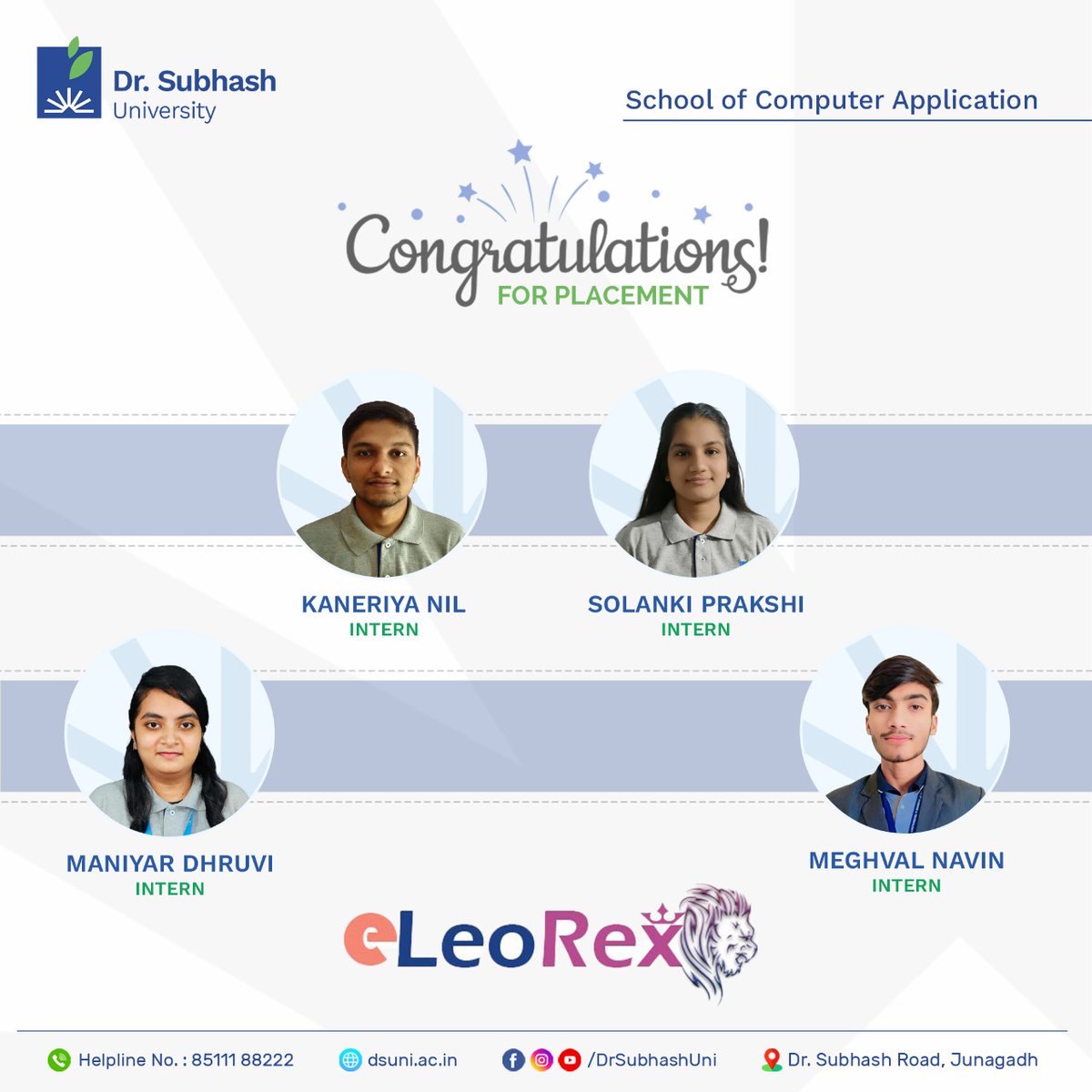 DrSubhashUni's tweet image. Students from School of Computer Application, Dr. Subhash University, have been successfully placed at  eLeoRex Technologies, Ahemdabad 💼

#DSU #SchoolOfComputerApplication #LeorexPvtLtd #ProudMoment #CareerSuccess #DSUVibes #Placement2025 #DrSubhashUniversity 💼🎓🚀