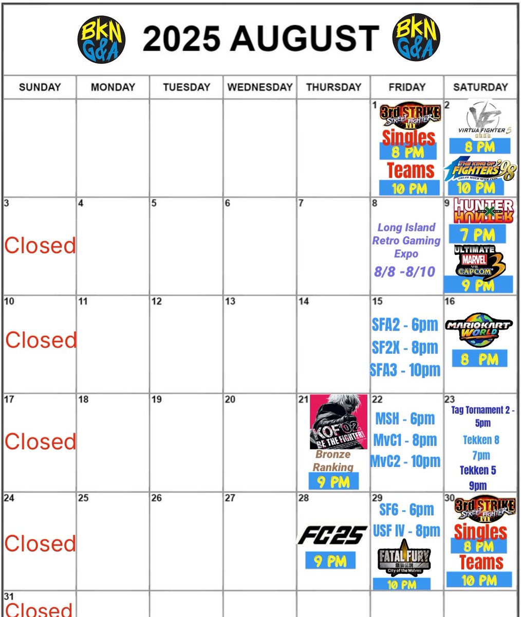 ArcadeBrooklyn's tweet image. August 2025 calander. Sign up links coming up…. #retrogaming #arcadebrooklyn #nyc