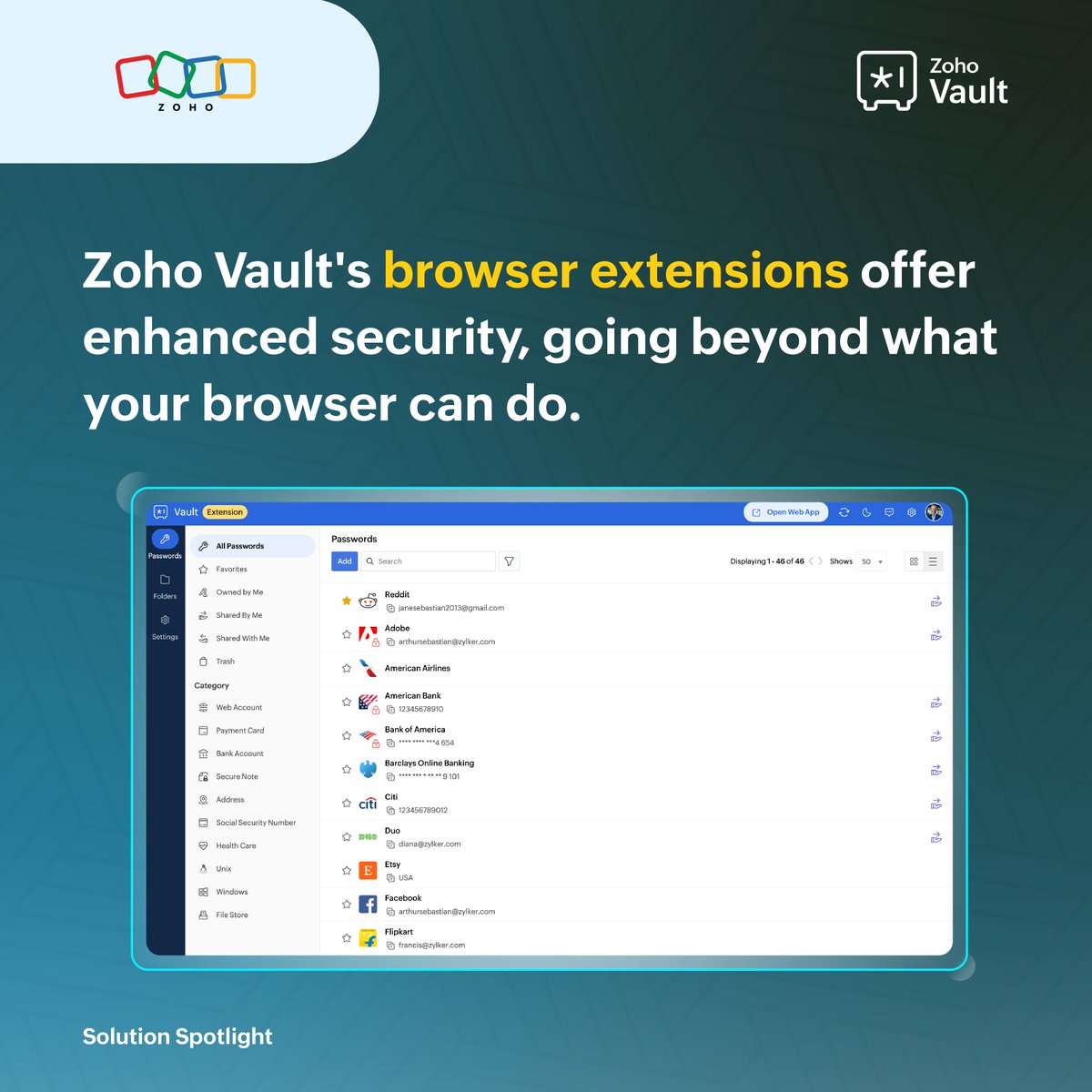 Don’t rely on your browser's built-in password manager. Level up your security with Zoho Vault’s browser extensions for a safer, more streamlined login experience. 🔐

🔗 Download now: zurl.co/2S3jn 

#SolutionSpotlight #DoMoreWithZohoVault #BrowserExtension