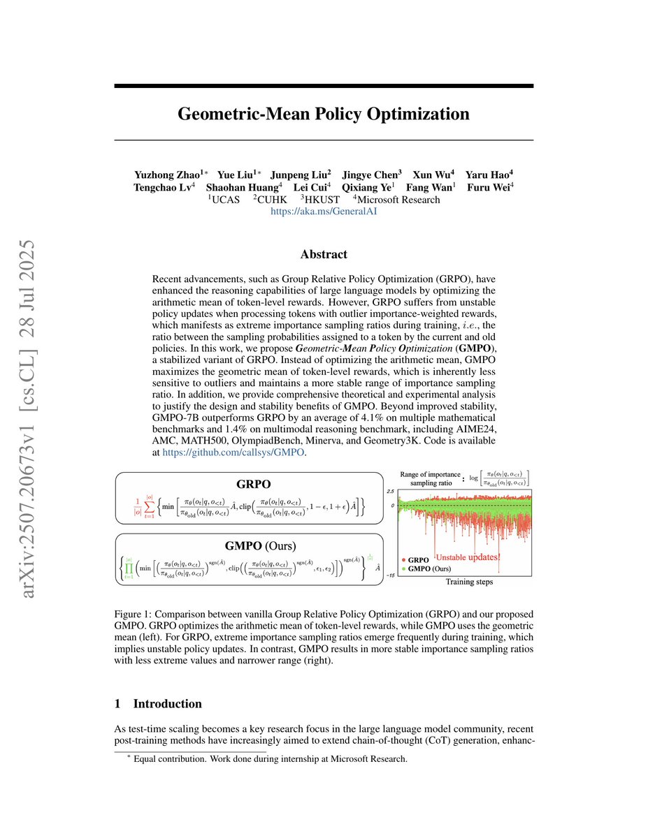 Geometric-Mean Policy Optimization

Using geometric mean for the importance ratio, similar to GSPO (arxiv.org/abs/2507.18071).