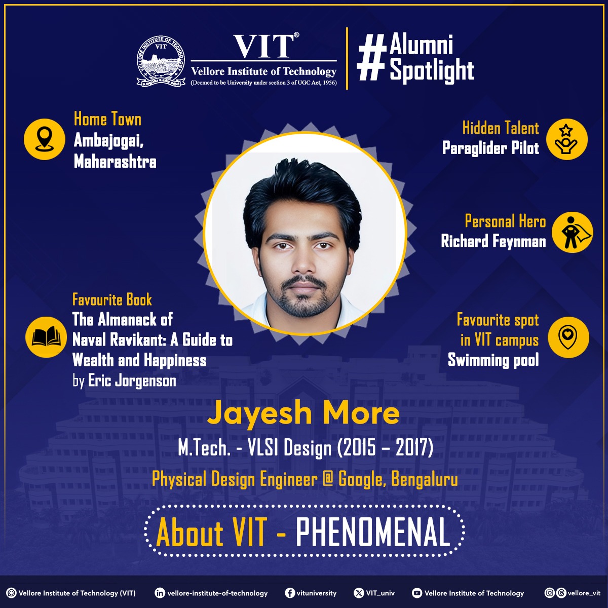 VIT_univ's tweet photo. This week’s #AlumniSpotlight features Jayesh More, an #MTech VLSI Design alumnus, #classof2017
He is currently a Physical Design #Engineer at #Google in #Bengaluru
#VIT #ClassOf2017 #OneFamily #VITAA #Alumni #VITAlumni #VITAlumniAssociation #Anbuden #VITians https://t.co/5F62aDdFb5