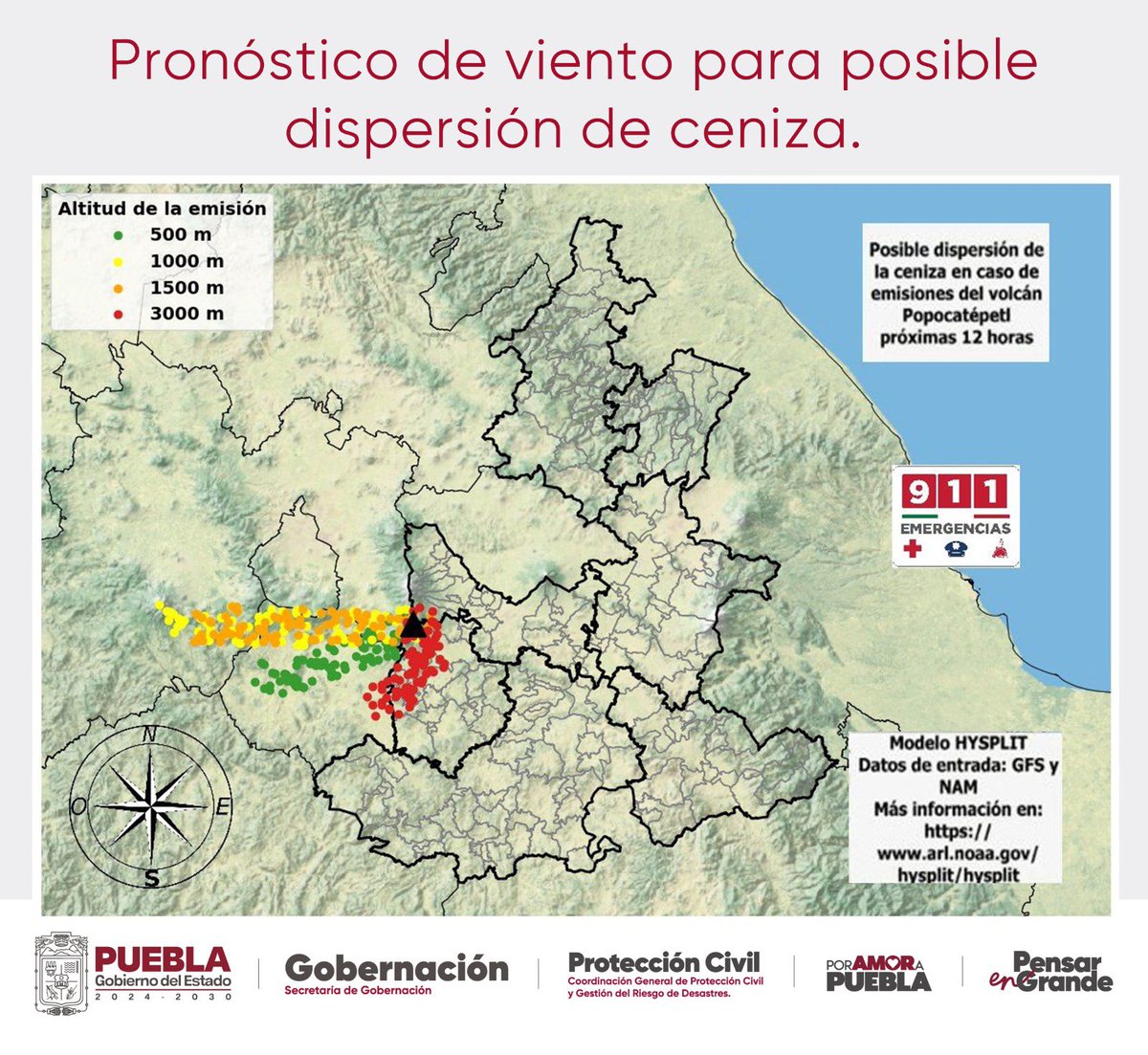 PoderNoticiaPue's tweet image. 🌋 En caso de actividad del Popocatépetl, los vientos podrían llevar ceniza hacia el suroeste y oeste. Las zonas que podrían verse afectadas son el Valle de Atlixco, la región de Angelópolis, así como partes de Morelos, Estado de México y CDMX. Mantente informado y toma…