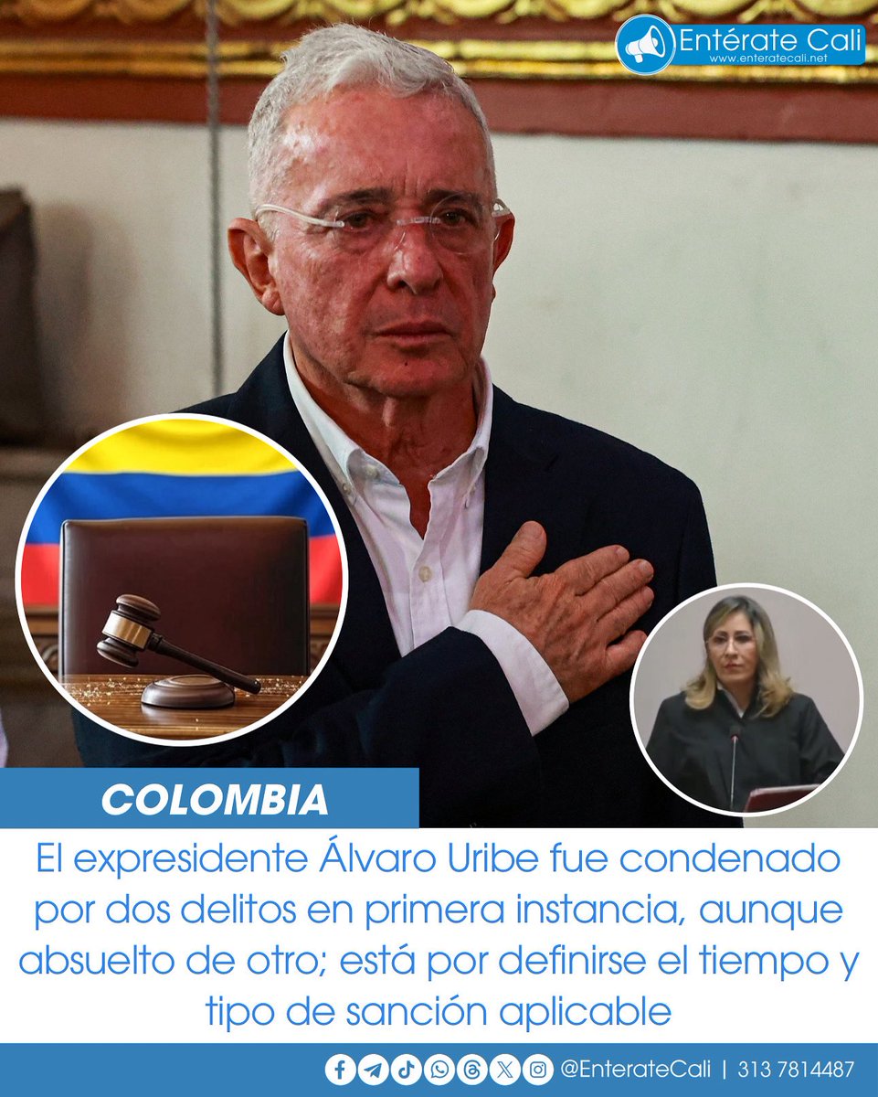 EnterateCali's tweet image. Fallo histórico: Uribe culpable de dos delitos y absuelto de uno
La jueza Sandra Heredia declaró culpable al expresidente Álvaro Uribe Vélez por fraude procesal y soborno en actuación penal. Fue absuelto del delito de soborno simple. 📄⚖️🔍
Según el fallo, Uribe fue quien…