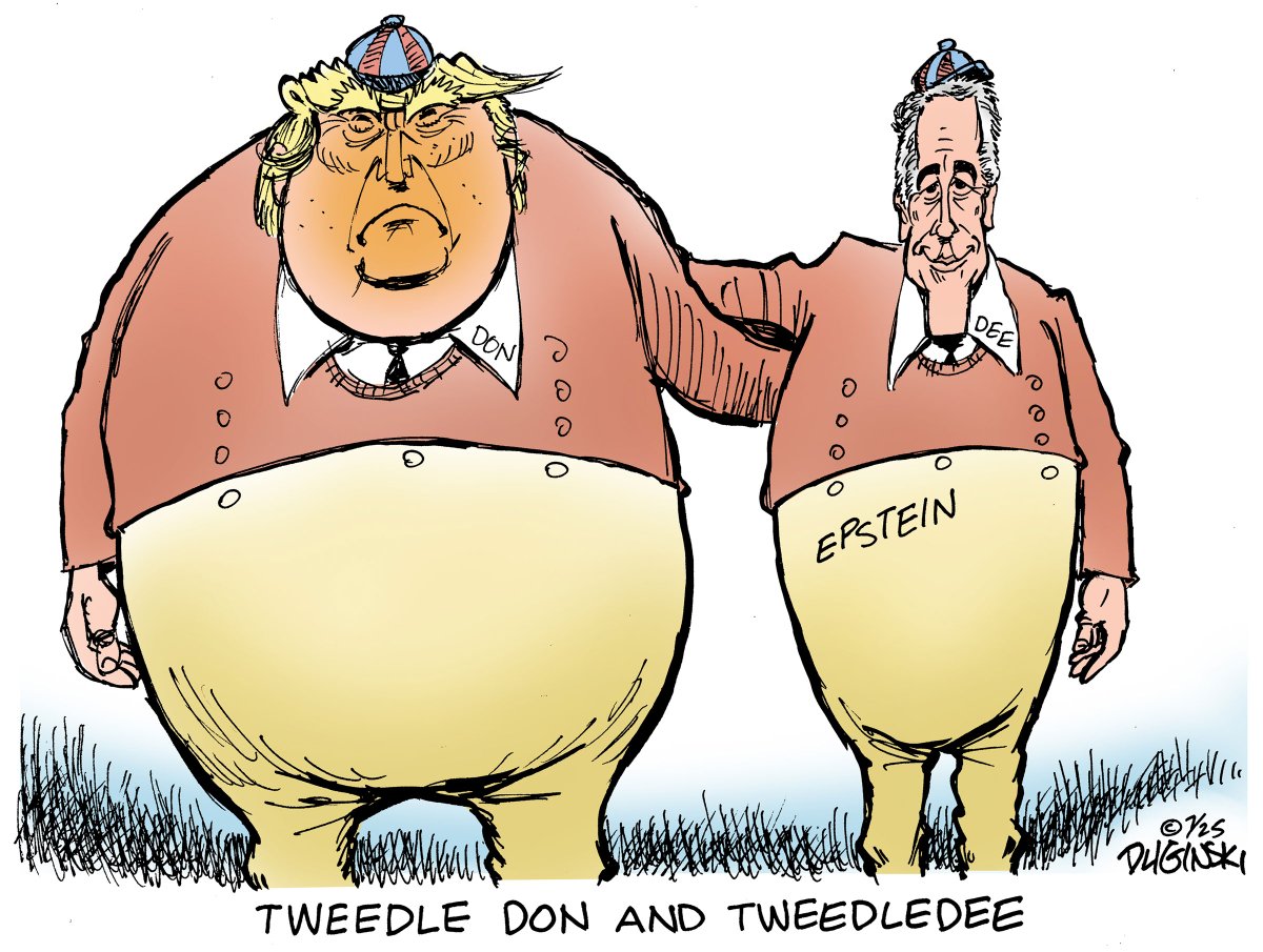 Lewis Carroll, author of "Through the Looking-Glass," described Tweedledum and Tweedledee as “looking ... exactly like a couple of great [big] schoolboys.” Or maybe like leering frat boys. #EpsteinCoverUp #EpsteinFiles #TrumpEpsteinCoverup #Trump #TrumpIsUnfitForOffice