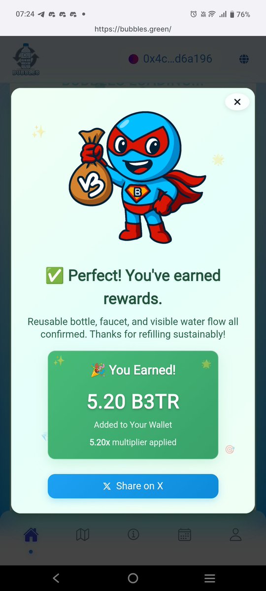 BeautyFree7's tweet image. π Making waves with @Bubbles2Earn! Earned 5.20 B3TR for my eco-friendly refill. Join the movement and earn while you save! π§π° #Bubbles2Earn #GreenRewards #B3TR bubbles.green