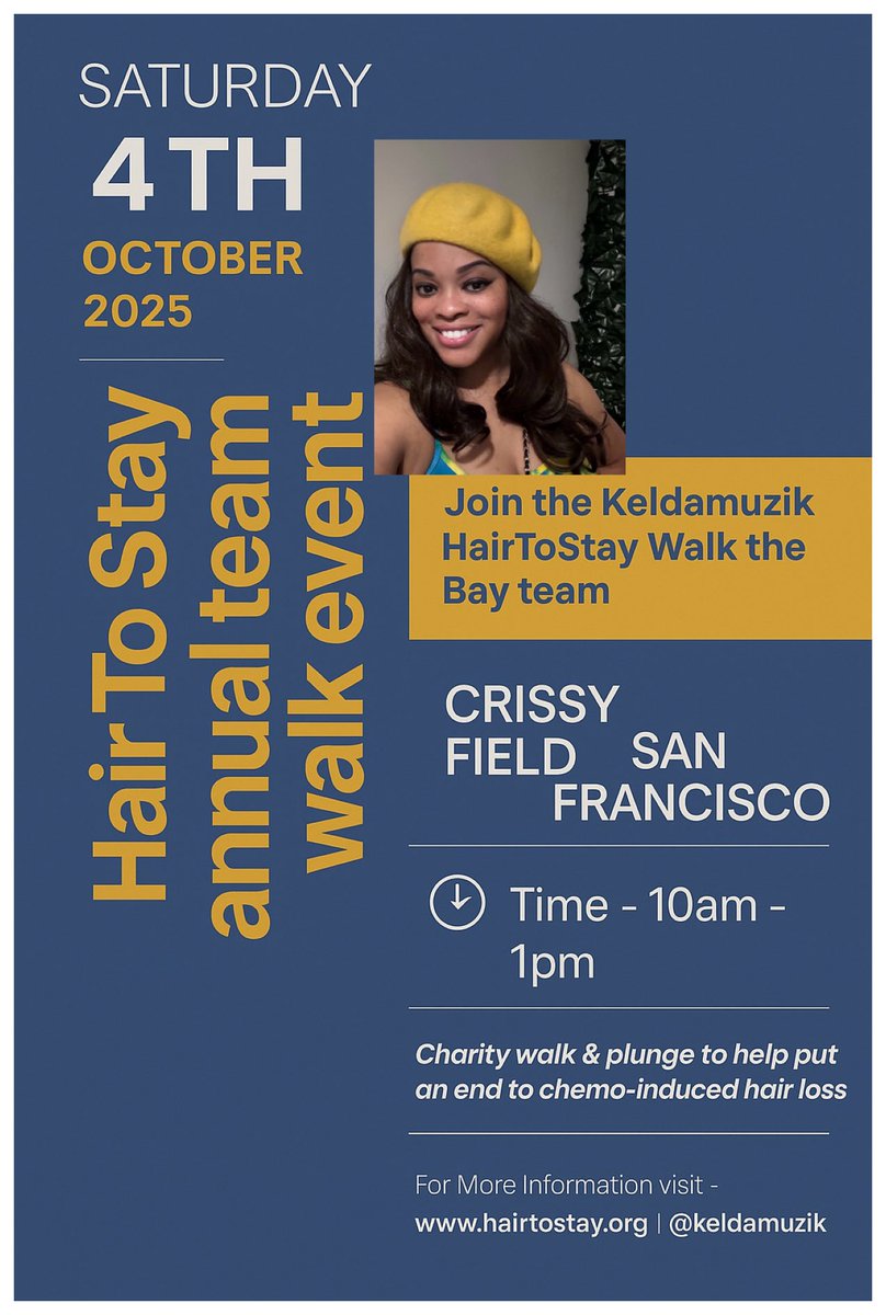 Keldamuzik's tweet photo. ✨ Proud to join @HairToStay’s Walk on Oct 4 at Crissy Field! We’re raising funds to help chemo patients keep their hair — and confidence. 💛

Support Tamz’s Fundraiser 👉 https://t.co/WdSd7sq16N #HairToStay #WalkWithPurpose https://t.co/So7p2WSIMu