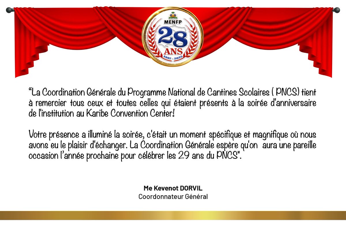 Les mots de remerciements de la Coordination générale du Programme National de Cantines Scolaires)PNCS) à l'endroit de toutes celles et tous ceux qui ont contribué à la réussite du 28ème anniversaire de l'institution.

Un grand merci à vous!