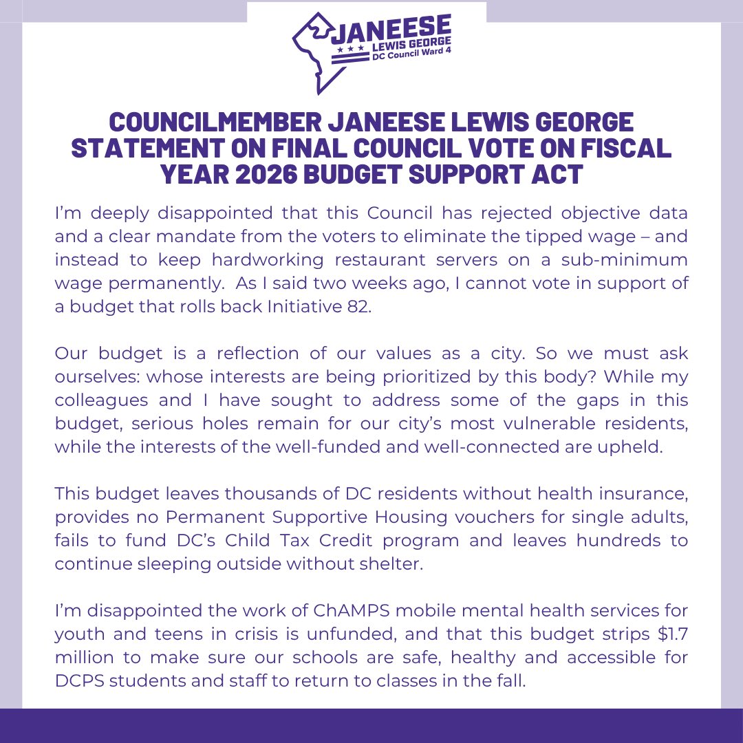CMLewisGeorgeW4's tweet photo. My statement on the Council’s final vote on the FY26 budget. https://t.co/j2UTIjqUuH