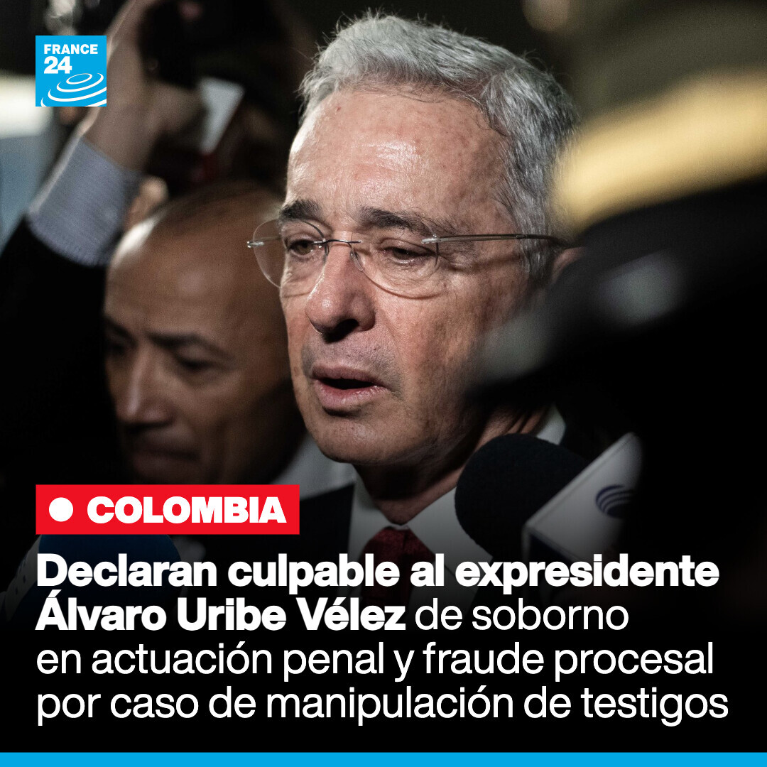 France24_es's tweet image. 🇨🇴🔴 La Justicia colombiana declaró al expresidente Álvaro Uribe Vélez responsable de soborno en actuación penal y fraude procesal, dos de tres cargos por los que fue llevado a juicio. El exmandatario fue absuelto de un tercer cargo de soborno simple ➡️ go.france24.com/Huv