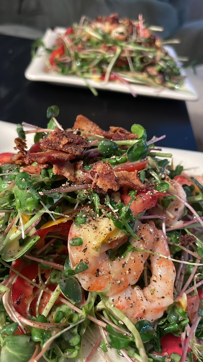 Pepperfire's tweet image. Shrimp and bacon microgreen salad with Willika Farms Microgreen-Infused Vinaigrette.