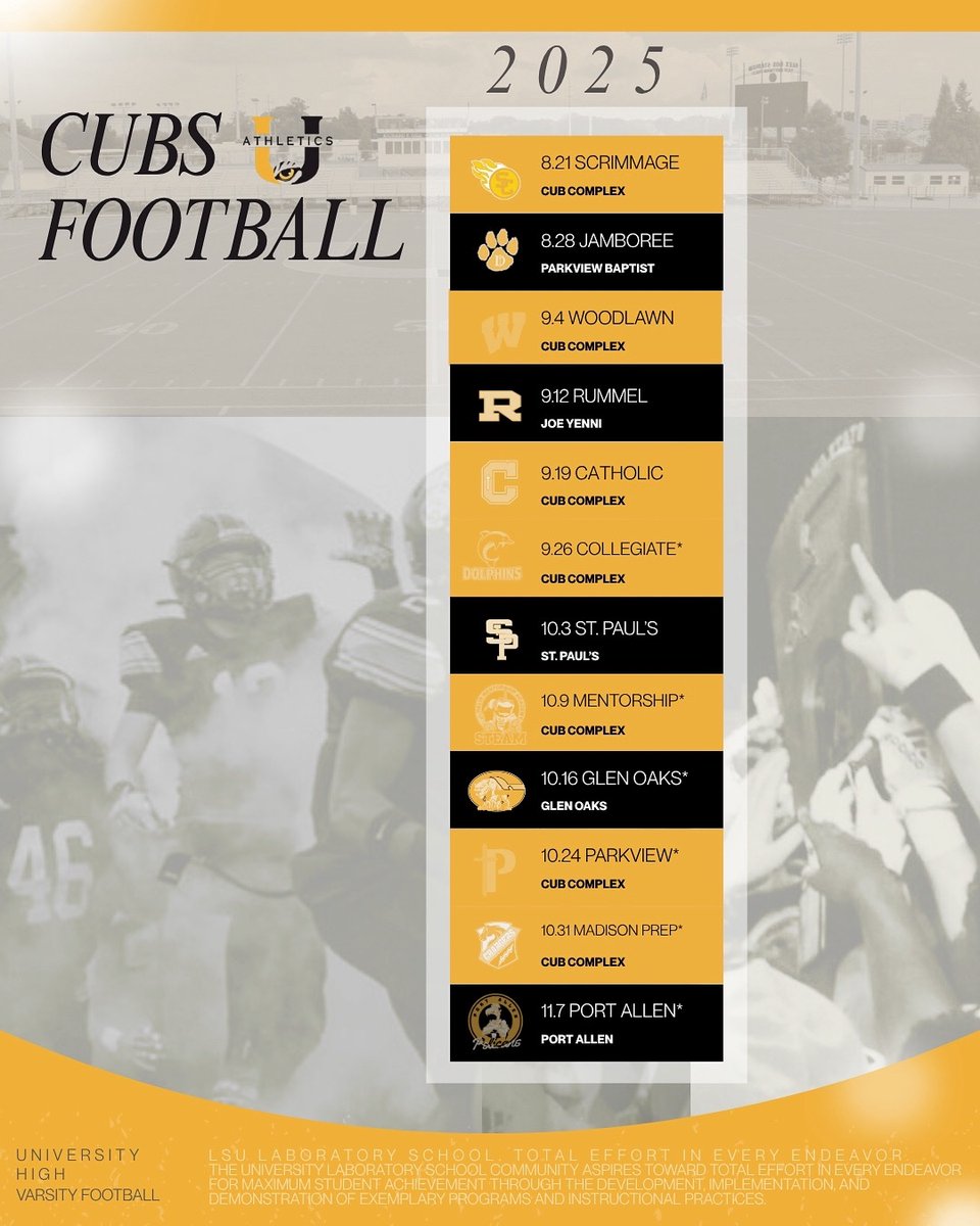 🏈 23 days until kickoff! 
The 2025 Cubs Varsity Football schedule is here! 
                                                                                                                                  
#UHighFootball | #GeauxCubs