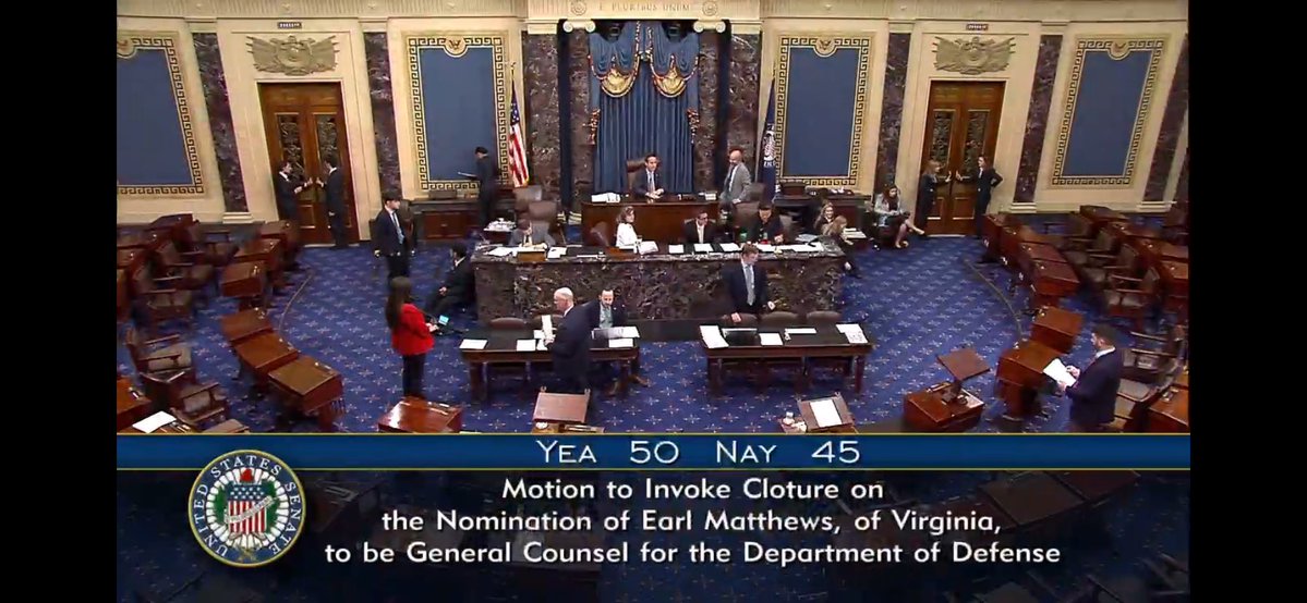 TXElectionLaw's tweet image. Big congrats to my great friend Earl Matthews! The U.S. Senate just invoked cloture on his nomination by @POTUS @realDonaldTrump to serve as General Counsel of the @DeptofDefense.
The Senate will vote on his confirmation tomorrow at 11:30 AM.