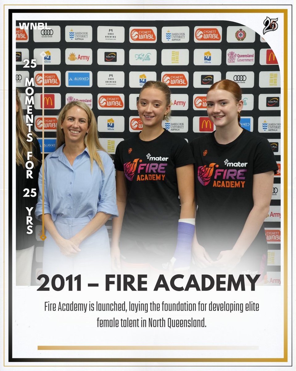 TownsvilleFire's tweet photo. 🔥 2011 — The Fire Academy is born.
A legacy-defining step in player development, the Academy has nurtured future stars from NQ since Day 1. 🧡
Proud to have @MaterHealth now supporting the journey as Academy sponsor.

#25YearsOfFire #TownsvilleFire #WNBL #FireAcademy https://t.co/lpQpZU5Rkt