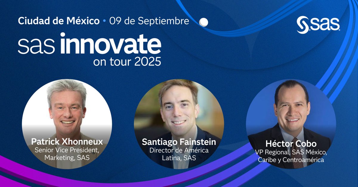 🔴 El 9 de septiembre la #CDMX será la primera parada en LATAM del SAS Innovate on Tour, en el evento, ejecutivos de la compañía compartirán las novedades para apoyar su proceso de transformación e innovación.
Registro 👉🏼 2.sas.com/6019fuCF3
#SASInnovate #SASInnovateOnTour