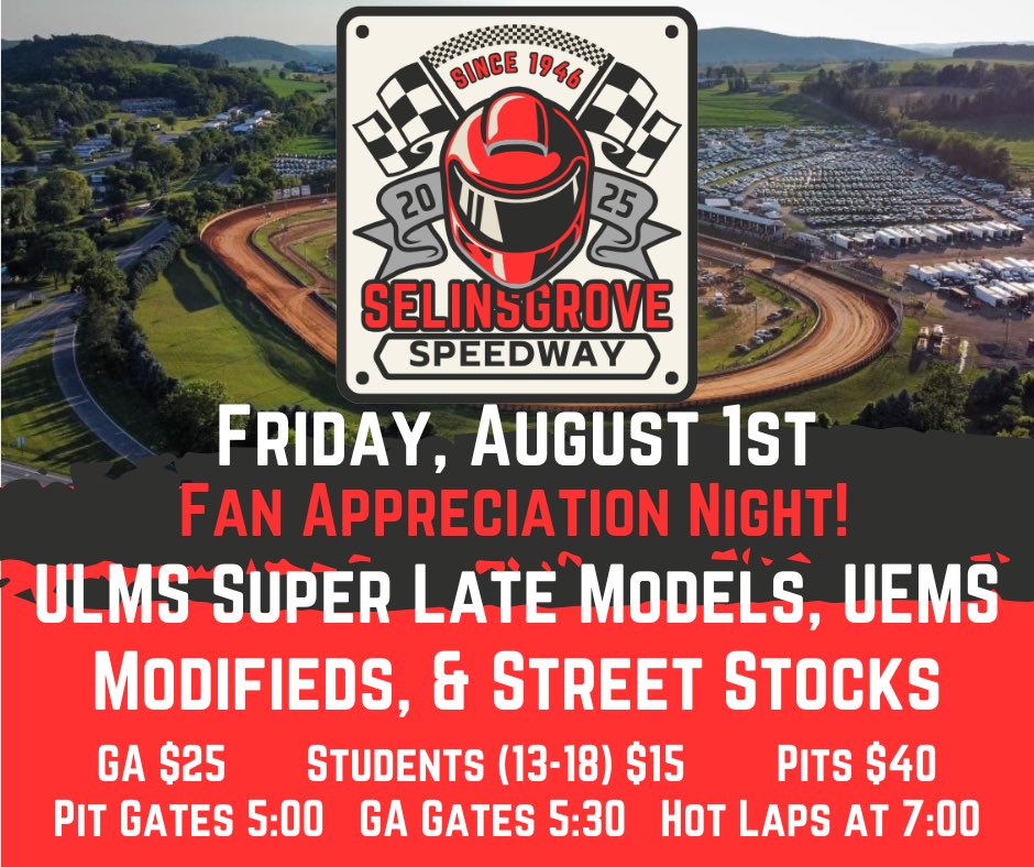 Selinsgrove Speedway & Raceway Park (@selinsgroverace) on Twitter photo Next Up: Fan Appreciation Night! Come get your free stuff and enter the giveaways! Kidsโ bike races at intermission. Oh yeah, and thereโs going to be racecars there! ๐ฌ Next Up: Fan Appreciation Night! Come get your free stuff and enter the giveaways! Kidsโ bike races at intermission. Oh yeah, and thereโs going to be racecars there! ๐ฌ