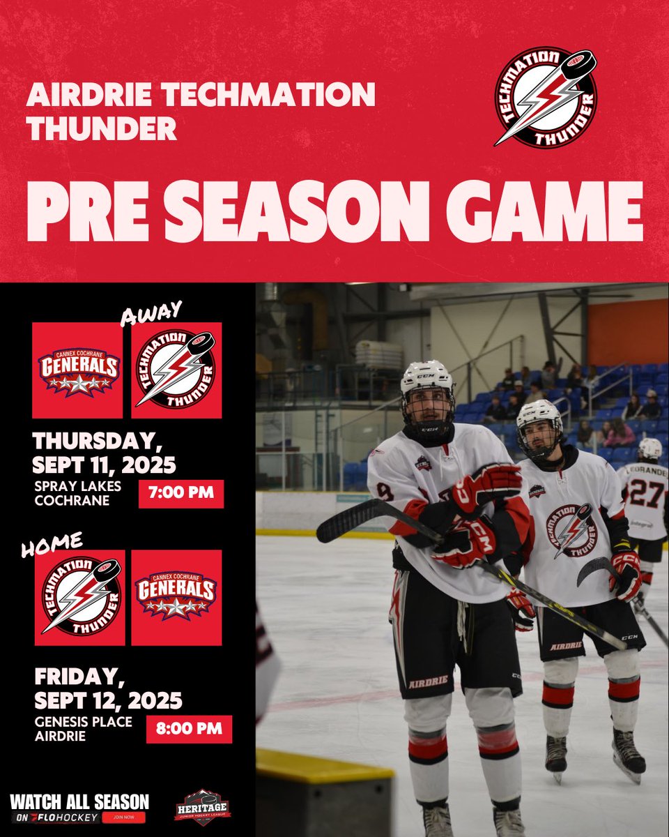 ⚡️ The Thunder is back! ⚡️
Your Airdrie Techmation Thunder is hitting the ice for preseason action! Don’t miss the exhibition matchups vs. Strathmore and Cochrane 

📍Genesis Place &amp; On The Road
🎥 Catch all the action this season on FloHockey