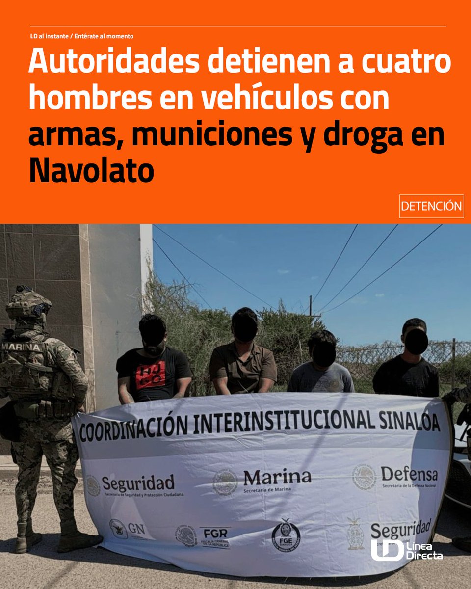 Autoridades 🚨 detienen a cuatro hombres 👥⛓️ en vehículos con armas, municiones y droga💊 en #Navolato

🔗ldportal.com/4ml8EH8

La detención ⛓️ se llevó a cabo tras un operativo 🪖 en las inmediaciones de Campo Balbuena📍.
