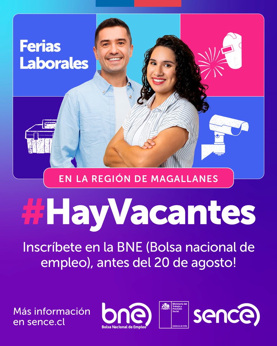 #Sumate a la Bolsa Nacional de Empleo

👉Para mejorar su experiencia en la feria laboral del 20 y 27 de agosto, ingrese a 💻 bne.cl con su clave única  y arme su perfil

Aún hay tiempo: bne.cl