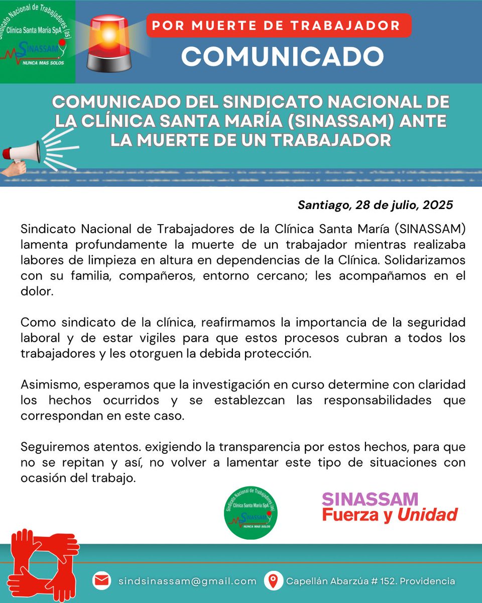 🚨‼️✅👉 Compartimos comunicado oficial con motivo de la lamentable muerte de un trabajador en Clínica Santa María.
