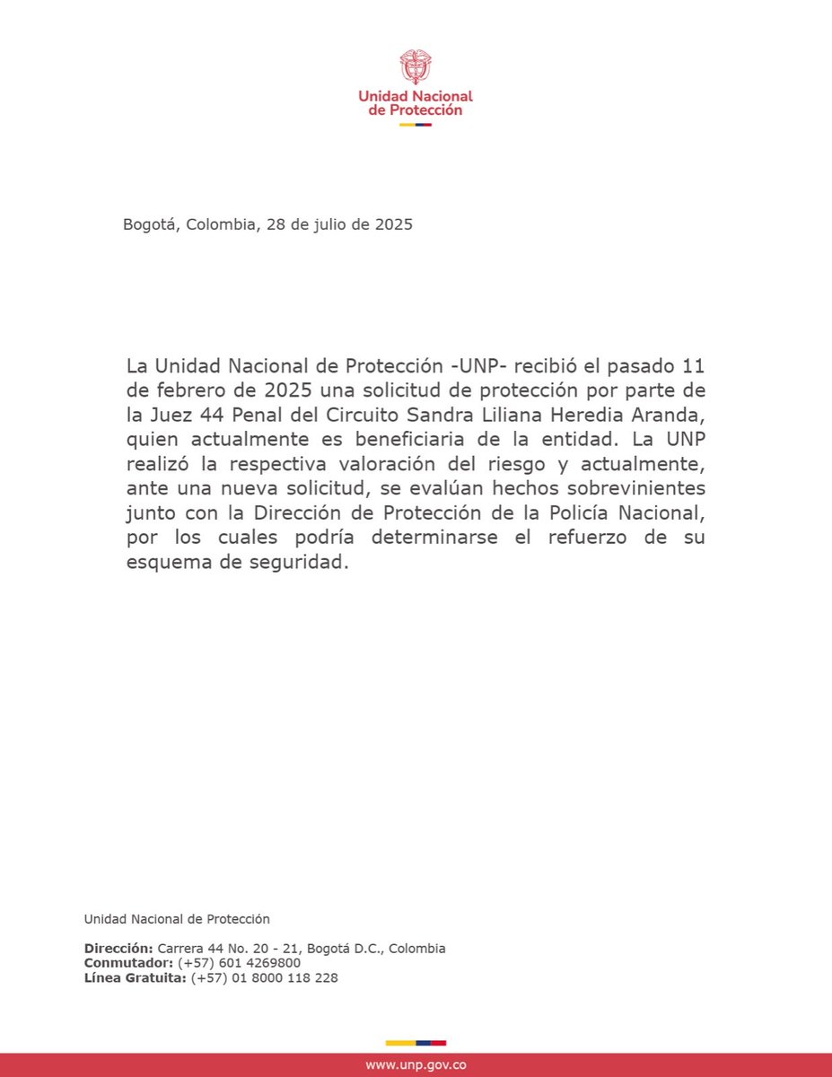 La UNP protege a la Juez 44 Penal del Circuito Sandra Liliana Heredia Aranda.