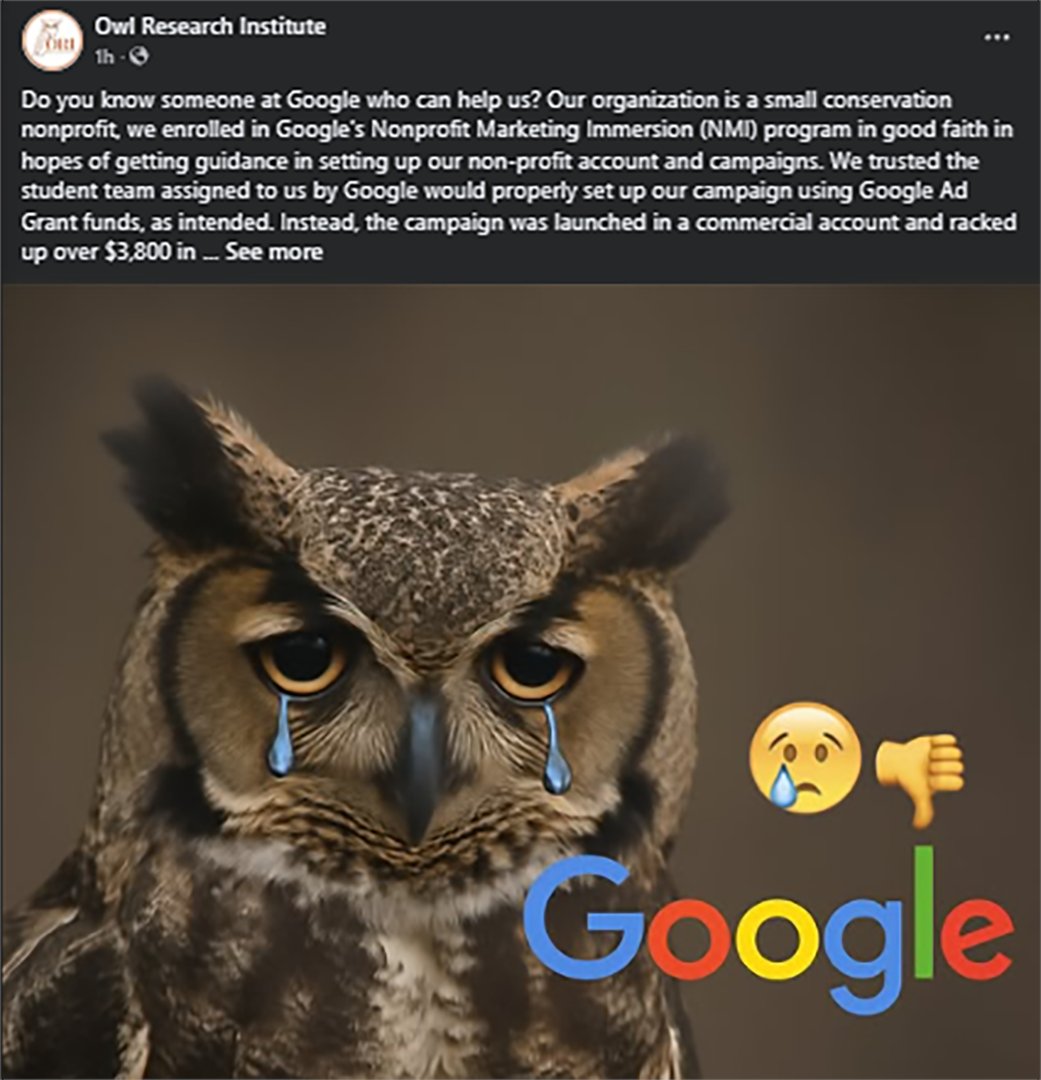 The Owl Research Institute is needing help navigating the waters of Google ad grants to help assist the good deeds they do, without a huge bill.  owlresearchinstitute.org

facebook.com/owlresearchins…
instagram.com/owlresearchins…