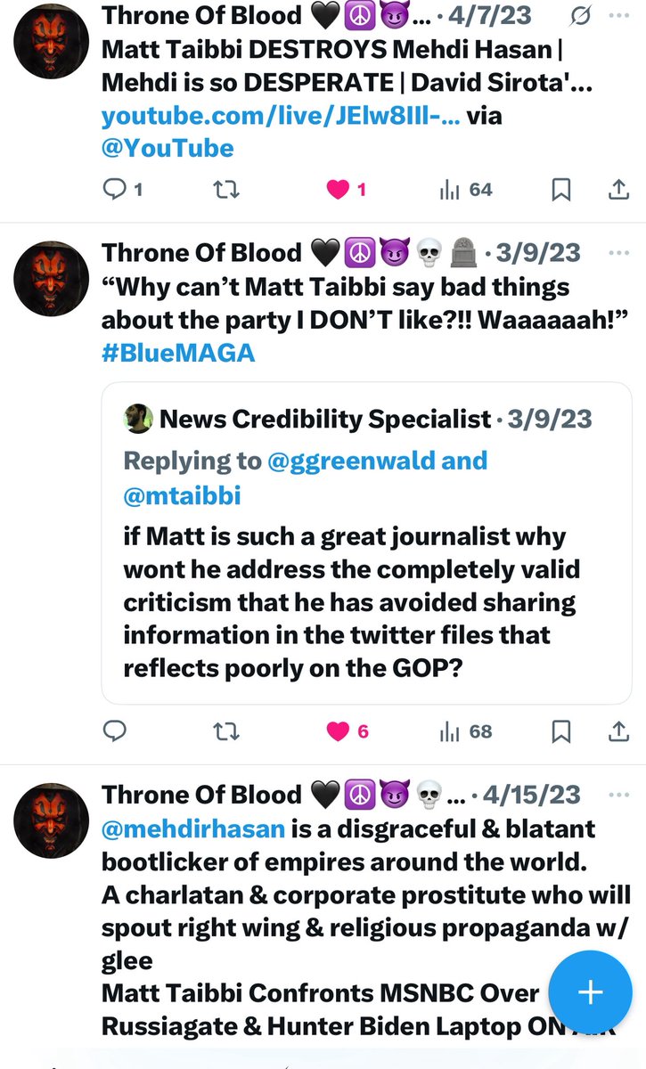 Has a problem with me passively complimenting Matt Taibbi.

Has repeatedly praised Matt Taibbi.

Clearly a very reasonable person.
