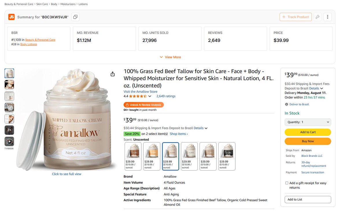 justin_xyz's tweet image. Tallow products has some of the best margins I’ve seen.
Retail: $39.99
Monthly rev: $1.12M
Category: Body Lotion / Natural Moisturizer
Let’s break down how this best seller is being made:…