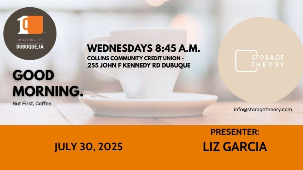 It's that time!  Join us Wednesday to hear the fabulous Liz Garcia of Storage Theory. Liz would love your thoughts, questions and feedback about growing her business! As always, we're at Collins Community CU at 8:45 AM. Coffee is hot! <a href="/1MCMidwest/">1 Million Cups Midwest</a> #entrepreneurship #greaterdubuque